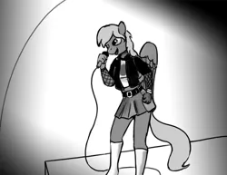 Size: 1280x989 | Tagged: anthro, artist:warskunk, clothes, derpibooru import, female, folded wings, gradient background, mare, microphone, monochrome, oc, oc:wind shear, pegasus, punk, raffle prize, safe, singing, solo, stage, wings