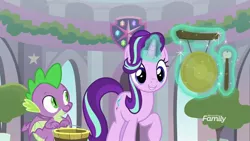 Size: 1920x1080 | Tagged: safe, derpibooru import, screencap, spike, starlight glimmer, dragon, pony, a matter of principals, gong, magic, winged spike