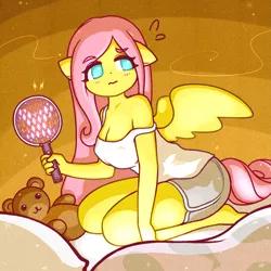 Size: 1929x1929 | Tagged: safe, artist:sigpi, derpibooru import, fluttershy, anthro, bat pony, mosquito, pegasus, plantigrade anthro, big breasts, breasts, bug zapper, busty fluttershy, clothes, erect nipples, female, floppy ears, flutterbat, kneeling, mosquito racket, nipple outline, off shoulder, race swap, shorts, spread wings, tail, tanktop, teddy bear, wings