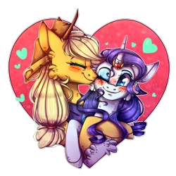 Size: 1750x1750 | Tagged: safe, artist:soundwavepie, derpibooru import, applejack, rarity, earth pony, pony, unicorn, beautiful, blushing, cute, daaaaaaaaaaaw, engagement ring, female, jackabetes, kiss on the cheek, kissing, lesbian, love, mare, pretty, raribetes, rarijack, shipping, simple background, transparent background