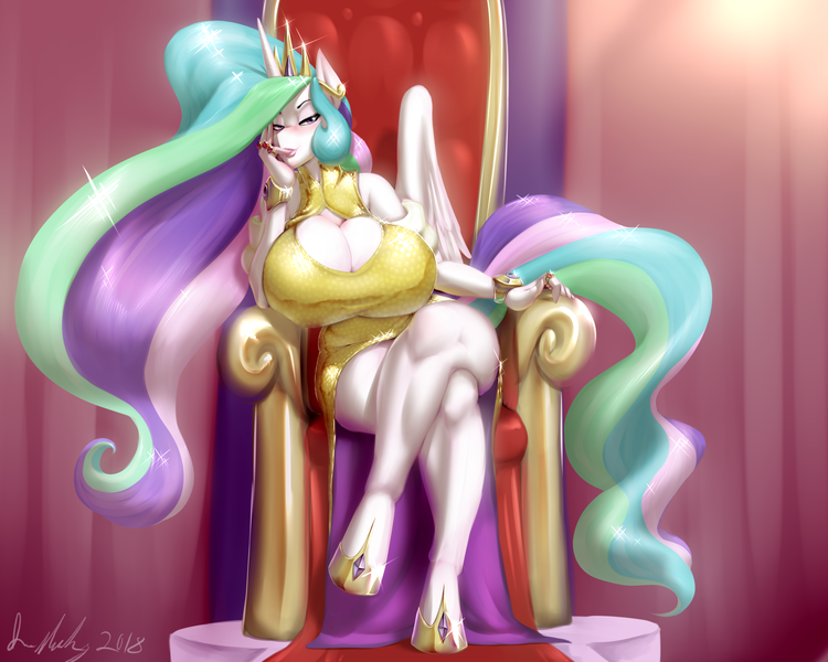 Size: 3000x2400 | Tagged: alicorn, anthro, artist:marauder6272, bedroom eyes, big breasts, blushing, bracelet, breasts, busty princess celestia, cleavage, cleavage window, clothes, crossed legs, crown, derpibooru import, dress, female, finger in mouth, hoof shoes, horn, huge breasts, jewelry, looking at you, praise the sun, princess celestia, regalia, ring, sequins, shoes, signed, sitting, smiling, solo, solo female, stupid sexy celestia, suggestive, tail, throne, throne slouch, unguligrade anthro, wide hips, wings