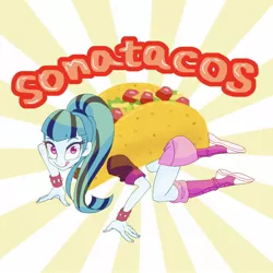 Size: 1500x1500 | Tagged: safe, artist:bbtasu, derpibooru import, sonata dusk, human, equestria girls, rainbow rocks, all fours, clothes, costume, crawling, female, food, fusion, literal sonataco, looking at you, solo, sonataco, sunburst background, taco, that girl sure loves tacos, wat, we have become one