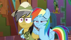 Size: 853x480 | Tagged: safe, derpibooru import, edit, edited screencap, screencap, daring do, rainbow dash, pegasus, pony, stranger than fan fiction, :i, crossing the memes, dashface, faic, hug, i mean i see, meme, rainbow dash is best facemaker, smug, smugdash, winghug