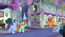 Size: 1920x1080 | Tagged: safe, derpibooru import, screencap, auburn vision, berry blend, berry bliss, citrine spark, fire quacker, huckleberry, november rain, ocarina green, ocellus, peppermint goldylinks, smolder, sugar maple, dragon, earth pony, pegasus, pony, unicorn, a matter of principals, architecture, background pony, dragoness, female, flying, friendship student, male, mare, ponies standing next to each other, school of friendship, stallion, walking