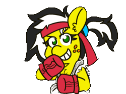 Size: 1024x768 | Tagged: safe, artist:threetwotwo32232, derpibooru import, oc, oc:uppercute, unofficial characters only, earth pony, pony, animated, boxing gloves, female, gif, headband, looking at you, mare, parody, ryu, simple background, solo, street fighter, transparent background