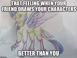 Size: 640x480 | Tagged: alicorn, artist:shitstorm maker, caption, changedling, changeling, changepony, cloven hooves, derpibooru import, hybrid, hybrid wings, image macro, imgflip, interspecies offspring, meme, oc, oc:viridi lux, offspring, original source in description, parents:twirax, parent:thorax, parent:twilight sparkle, safe, scar, text, that feel, unofficial characters only, wings