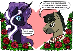 Size: 597x416 | Tagged: safe, artist:gingerfoxy, derpibooru import, doctor caballeron, nightmare rarity, earth pony, pony, unicorn, pony couple generator, clothes, eyebrows, female, flower, heart, heart background, male, mare, nightmare cabararity, rose, shipping, size difference, stallion, straight, text