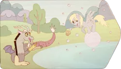 Size: 2847x1638 | Tagged: artist:malte279, bubble, craft, cute, derpabetes, derpibooru import, derpy hooves, digitally colored, discord, discute, food, muffin, pyrography, safe, traditional art