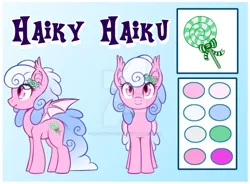 Size: 900x663 | Tagged: safe, artist:cabbage-arts, derpibooru import, oc, oc:haiky haiku, unofficial characters only, bat pony, pony, bat pony oc, bat wings, cutie mark, digital art, female, mare, reference sheet, smiling, solo, wings