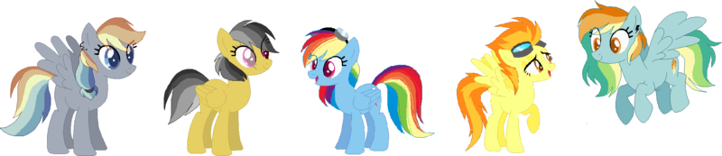 Size: 1886x409 | Tagged: artist:thepegasisterpony, daringdash, daring do, derpibooru import, family, female, lesbian, magical lesbian spawn, offspring, parent:daring do, parent:rainbow dash, parents:daringdash, parent:spitfire, parents:spitdash, rainbow dash, safe, shipping, simple background, spitdash, spitfire, transparent background