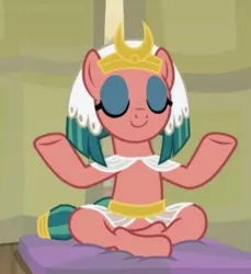 Size: 337x368 | Tagged: safe, derpibooru import, screencap, somnambula, pegasus, pony, a rockhoof and a hard place, cropped, eyes closed, eyeshadow, female, lotus position, makeup, mare, meditating, omnambula, solo