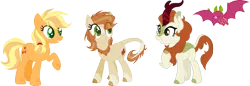 Size: 1227x424 | Tagged: applejack, artist:thepegasisterpony, autumn blaze, autumnjack, bat, derpibooru import, family, female, fruit bat, hybrid, interspecies offspring, kirin, kirin hybrid, kirin pony hybrid, lesbian, magical lesbian spawn, mother and child, mother and daughter, oc, oc:osage orange, oc:tutti frutti, offspring, parent:applejack, parent:autumn blaze, parents:autumnjack, safe, shipping, simple background, sounds of silence, transparent background