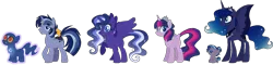 Size: 2297x555 | Tagged: alicorn, artist:thepegasisterpony, derpibooru import, family, female, lesbian, magical lesbian spawn, offspring, parent:princess luna, parents:twiluna, parent:twilight sparkle, princess luna, safe, shipping, simple background, transparent background, twilight sparkle, twilight sparkle (alicorn), twiluna