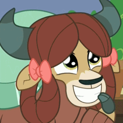 Size: 672x672 | Tagged: animated, a rockhoof and a hard place, cloven hooves, cropped, cute, derpibooru import, eye shimmer, female, gif, happy, hoof over mouth, safe, screencap, smiling, yak, yona, yonadorable