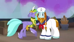 Size: 1920x1080 | Tagged: safe, derpibooru import, screencap, rockhoof, seaspray, classical hippogriff, earth pony, hippogriff, pony, a rockhoof and a hard place, beard, braid, clothes, duo, facial hair, hat, male, moustache, sailor hat, sailor uniform, stallion, uniform