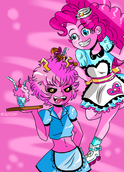 Size: 866x1200 | Tagged: safe, artist:art-graphy14, derpibooru import, pinkie pie, coinky-dink world, eqg summertime shorts, equestria girls, crossover, duo, female, milkshake, mina ashido, minapie, my hero academia