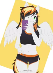 Size: 1000x1372 | Tagged: anthro, anthro oc, artist:mcl, bra, clothes, commission, derpibooru import, digital art, female, green eyes, looking at you, mare, mobile phone, nail polish, oc, one eye closed, pegasus, phone, safe, shorts, signature, simple background, smartphone, smiling, solo, underwear, unofficial characters only, wink, ych result