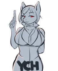 Size: 880x1080 | Tagged: advertisement, anthro, anthro oc, artist:mcl, auction, breasts, cleavage, clothes, commission, derpibooru import, digital art, dress, ear fluff, female, gun, handgun, mare, oc, pistol, simple background, solo, suggestive, unofficial characters only, weapon, white background, ych example, your character here