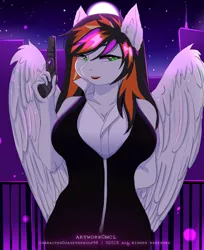 Size: 880x1080 | Tagged: anthro, anthro oc, artist:mcl, auction, breasts, cleavage, clothes, commission, derpibooru import, digital art, ear fluff, female, green eyes, gun, handgun, looking at you, mare, oc, pegasus, pistol, signature, solo, spread wings, suggestive, unofficial characters only, weapon, wings, ych result