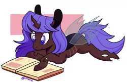 Size: 1024x662 | Tagged: artist:1racat, blue changeling, book, changeling, changeling oc, commission, cute, derpibooru import, digital art, female, insect wings, oc, ocbetes, oc:blue visions, reading, safe, signature, simple background, smiling, solo, transparent wings, unofficial characters only, white background, wings, ych result