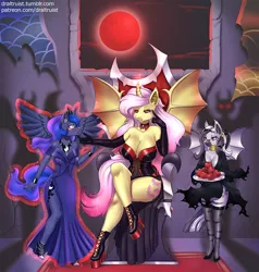 Size: 950x1000 | Tagged: suggestive, artist:draltruist, derpibooru import, part of a set, fluttershy, princess luna, zecora, alicorn, anthro, bat pony, bat pony alicorn, bat pony zebra, hybrid, plantigrade anthro, vampire, vampony, zebra, zony, series:fluttershy's transformation, absolute cleavage, alternate hairstyle, ascension enhancement, bat ponified, bat wings, blood moon, breasts, busty fluttershy, cleavage, clothes, commission, corrupted, crossed legs, digital art, dress, evening gloves, female, flutterbat, full moon, gloves, glowing horn, high heels, horn, lesbian, long gloves, mind control, moon, part of a series, race swap, shoes, sitting, socks, stockings, thigh highs, throne, throne slouch, wings