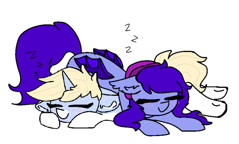 Size: 809x490 | Tagged: safe, artist:nootaz, derpibooru import, oc, oc:amplitude, oc:nootaz, unofficial characters only, bat pony, pony, unicorn, bat pony oc, bat wings, onomatopoeia, pony pile, simple background, sleeping, snuggling, sound effects, transparent background, wings, z, zzz