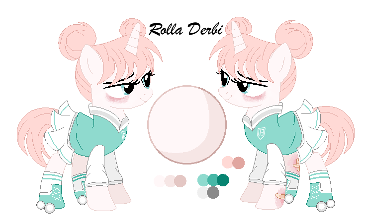 Size: 734x444 | Tagged: safe, artist:mlpcrystalharmony, artist:selenaede, derpibooru import, oc, oc:rolla derbi, unofficial characters only, pony, unicorn, bandaid, base used, bruised, clothes, cute, female, hair bun, jacket, lidded eyes, mare, pleated skirt, reference sheet, roller skates, shoes, simple background, skirt, socks, solo, transparent background