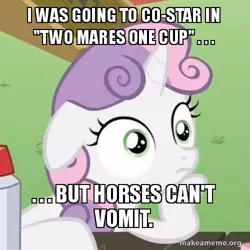 Size: 500x500 | Tagged: suggestive, derpibooru import, edit, edited screencap, screencap, sweetie belle, pony, unicorn, ponyville confidential, 2 girls 1 cup, caption, exploitable meme, female, image, image macro, implied scat, jpeg, meme, obligatory pony, solo, sudden clarity sweetie belle, text, two girls one cup, vomit, vomiting