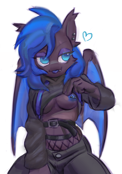 Size: 1748x2480 | Tagged: questionable, artist:sprinterspritz, derpibooru import, oc, oc:acelina, anthro, bat pony, anthro oc, bat pony oc, bat wings, breasts, clothes, ear piercing, fangs, flashing, flashing boobs, nipple piercing, nipples, nudity, piercing, showing off, wings