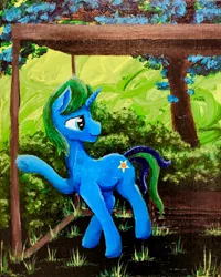 Size: 1024x1282 | Tagged: safe, artist:colorsceempainting, derpibooru import, oc, oc:arcane gear, pony, unicorn, bus stop, canvas, grass, male, painting, solo, traditional art, tree