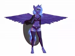 Size: 1280x952 | Tagged: alicorn, alternate design, anthro, artist:dinoalpaka, bra, breasts, choker, clothes, derpibooru import, female, mare, panties, princess luna, purple underwear, rcf community, smiling, socks, solo, solo female, suggestive, thigh highs, underwear, unguligrade anthro