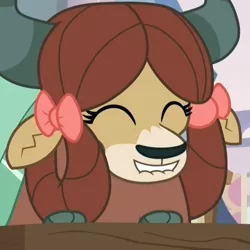 Size: 869x869 | Tagged: safe, derpibooru import, screencap, yona, yak, a rockhoof and a hard place, bow, cloven hooves, cropped, cute, eyes closed, female, hair bow, lip bite, monkey swings, smiling, solo, yonadorable