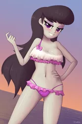 Size: 845x1267 | Tagged: suggestive, artist:zelc-face, derpibooru import, octavia melody, equestria girls, adorasexy, alternative cutie mark placement, attached skirt, beach babe, beckoning, bedroom eyes, belly button, bikini, bikini babe, blushing, breasts, busty octavia, clothes, crotchmark, cute, eyeshadow, female, frilled swimsuit, hand on hip, makeup, purple swimsuit, sexy, skirt, smiling, solo, solo female, stupid sexy octavia, swimsuit, tricolor swimsuit, underass, zelc-face's swimsuits