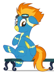 Size: 1400x1950 | Tagged: artist:nitei, bench, clothes, derpibooru import, diaper, diaper check, diaper fetish, fetish, poofy diaper, simple background, solo, spitfire, suggestive, transparent background, uniform, wonderbolts uniform