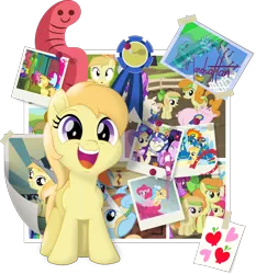 Size: 1878x2014 | Tagged: safe, artist:lumorn, derpibooru import, alula, apple bloom, aura (character), bloo, carrot top, fruit pack, golden harvest, noi, pinkie pie, piña colada, rainbow dash, ruby splash, earth pony, pony, background pony, camera, cute, female, filly, galacon, happy, movie accurate, noiabetes, photo, simple background, transparent background, wormie