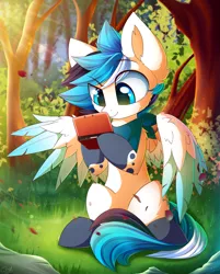 Size: 2986x3716 | Tagged: safe, artist:kaleido-art, derpibooru import, oc, oc:trailblazer, unofficial characters only, pegasus, pony, 3ds, bandana, colored wings, forest, male, multicolored wings, scenery, sitting, solo, stallion, wings