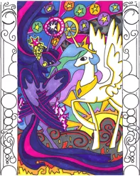 Size: 2032x2576 | Tagged: safe, artist:foldawaywings, derpibooru import, princess celestia, twilight sparkle, twilight sparkle (alicorn), alicorn, pony, abstract background, duo, element of magic, female, fire, horn, jewelry, magic, peytral, regalia, spread wings, stained glass, stars, sunrise, wings