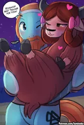 Size: 750x1125 | Tagged: safe, artist:lumineko, derpibooru import, rockhoof, yona, earth pony, pony, yak, a rockhoof and a hard place, bow, cloven hooves, female, hair bow, heart, hot for teacher, looking at each other, male, monkey swings, shipping, stallion, straight, this will end in jail time, yonahoof