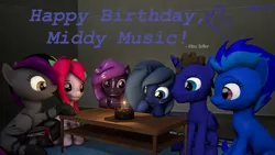 Size: 3840x2160 | Tagged: 3d, artist:max seller, cake, derpibooru import, food, goo, goo pony, oc, oc:blue vector, oc:lucidia gem, oc:max seller, oc:midnight music, oc:sphynux, original species, safe, simple background, source filmmaker