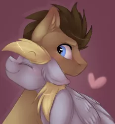 Size: 1024x1101 | Tagged: artist:xcaramelcookiex, blushing, derpibooru import, derpy hooves, doctorderpy, doctor whooves, eyes closed, female, heart, hearts and hooves day, male, neck hug, safe, shipping, simple background, smiling, straight, time turner