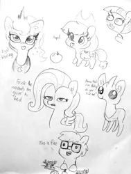 Size: 1280x1691 | Tagged: safe, artist:tjpones, derpibooru import, applejack, fluttershy, princess luna, twilight sparkle, oc, oc:tjpones, alicorn, changedling, changeling, earth pony, ork, pegasus, pony, :p, angry, apple, appul, black and white, buggo, cute, ear fluff, female, fluttershy is not amused, food, grayscale, jackabetes, lineart, majestic as fuck, male, mare, monochrome, silly, solo, stallion, this is fine, tongue out, traditional art, unamused, warhammer (game), warhammer 40k