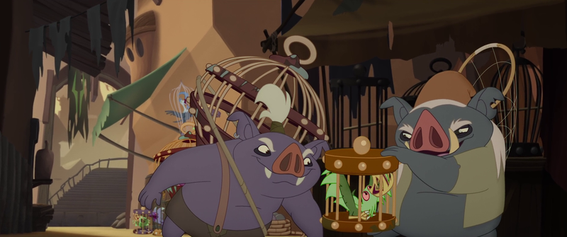 Size: 1920x804 | Tagged: animal, anthro, bird, birdcage, cage, clothes, derpibooru import, ear piercing, earring, jewelry, klugetown, klugetowner, my little pony: the movie, piercing, pig, safe, screencap, torn ear, tusk