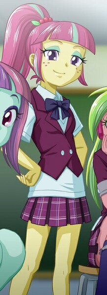 Size: 291x800 | Tagged: safe, artist:uotapo, derpibooru import, lemon zest, sour sweet, sunny flare, equestria girls, clothes, cropped, crystal prep academy uniform, freckles, legs, looking at you, miniskirt, offscreen character, plaid skirt, pleated skirt, ponytail, school uniform, skirt, smiling, solo focus