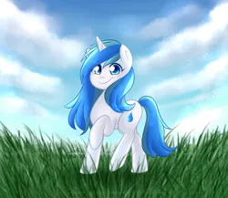 Size: 3000x2600 | Tagged: safe, artist:mayleebell24, derpibooru import, oc, oc:charity seashell, unofficial characters only, pony, unicorn, cloud, commission, cute, female, grass, looking at you, mare, raised hoof, sky, smiling, solo, standing