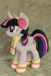 Size: 1504x2256 | Tagged: safe, artist:whitedove-creations, derpibooru import, twilight sparkle, twilight sparkle (alicorn), alicorn, pony, winter wrap up, boots, clothes, earmuffs, female, folded wings, irl, mare, photo, plushie, scarf, shoes, solo, standing, wings, winter outfit