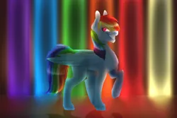 Size: 1024x682 | Tagged: safe, artist:xcaramelcookiex, derpibooru import, rainbow dash, pegasus, pony, fanfic:rainbow factory, abstract background, female, grin, liquid rainbow, looking sideways, mare, narrowed eyes, rainbow, rainbow factory dash, raised hoof, smiling, solo, spectra