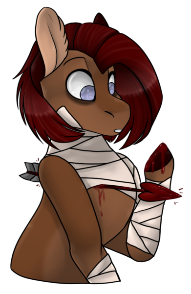 Size: 698x1072 | Tagged: grimdark, artist:xcaramelcookiex, derpibooru import, oc, oc:itami, unofficial characters only, pony, arrow, bandage, bleeding, blood, female, injured, mare, raised hoof, shocked, simple background, solo, transparent background