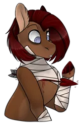 Size: 698x1072 | Tagged: grimdark, artist:xcaramelcookiex, derpibooru import, oc, oc:itami, unofficial characters only, pony, arrow, bandage, bleeding, blood, female, injured, mare, raised hoof, shocked, simple background, solo, transparent background