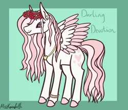 Size: 1750x1500 | Tagged: safe, artist:misskanabelle, derpibooru import, oc, oc:darling devotion, unofficial characters only, pegasus, pony, abstract background, bracelet, colored wings, colored wingtips, female, floral head wreath, flower, image, jewelry, mare, necklace, offspring, parent:fancypants, parent:fleur-de-lis, parents:fancyfleur, pegasus oc, png, signature, smiling, solo, two toned wings, wings