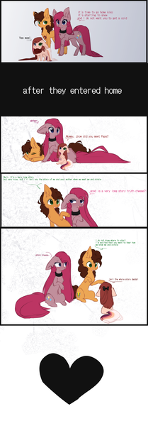 Size: 2000x5732 | Tagged: safe, artist:little-sketches, derpibooru import, cheese sandwich, pinkie pie, oc, oc:aiko, pony, cheesepie, clothes, comic, female, filly, heterochromia, male, offspring, parent:cheese sandwich, parent:pinkie pie, parents:cheesepie, pinkamena diane pie, scarf, shipping, straight